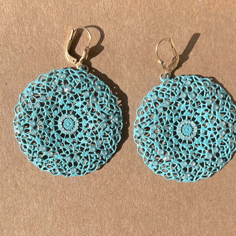 Beautiful large round blue filigree earrings